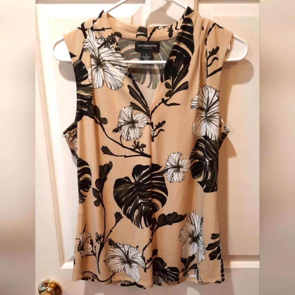 Liz Claiborne Career Tan Floral Sleeveless V-neck Blouse size Small